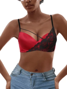 Women's Wine Red And Black Lace Bra - Sexy Glossy Lace Patchwork, Lift And Supportive Design, Comfortable And Breathable, Suitable For Daily Wear And Party Occasions - Burgundy - View 8