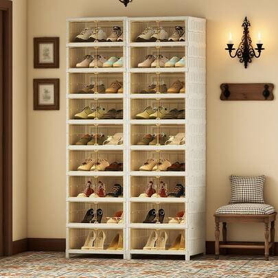 9 Tiers-36 Pairs Foldable Shoe Cabinet With Doors, Large Plastic Folding Shoe Cabinet, Easy Assembly Shoe Shelves Organizer For Entryway, Living Room, Household Storage And Organization