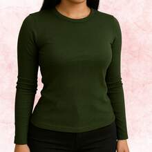 Women's Ribbed Knit Blouse, Long Sleeve, Basic, Round Neck - xanh quân đội - Xem 1