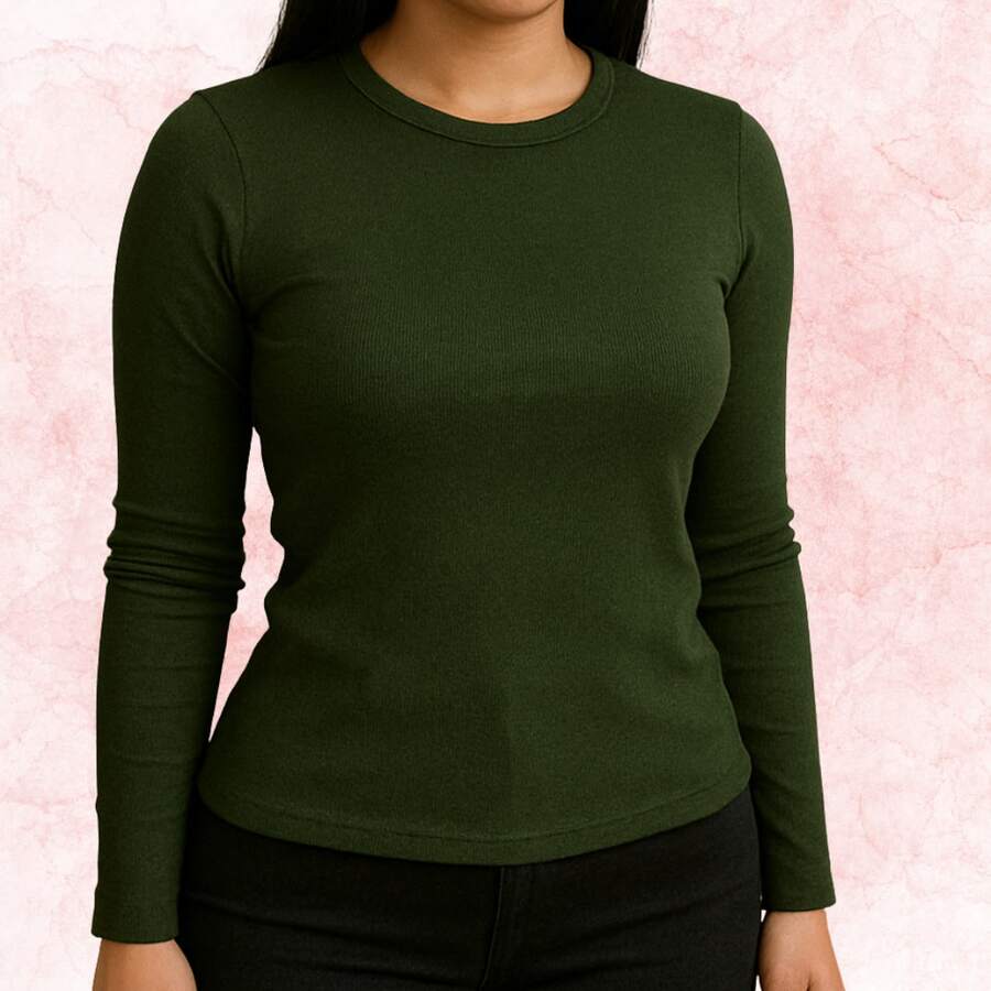 Women's Ribbed Knit Blouse, Long Sleeve, Basic, Round Neck - xanh quân đội - Xem 1
