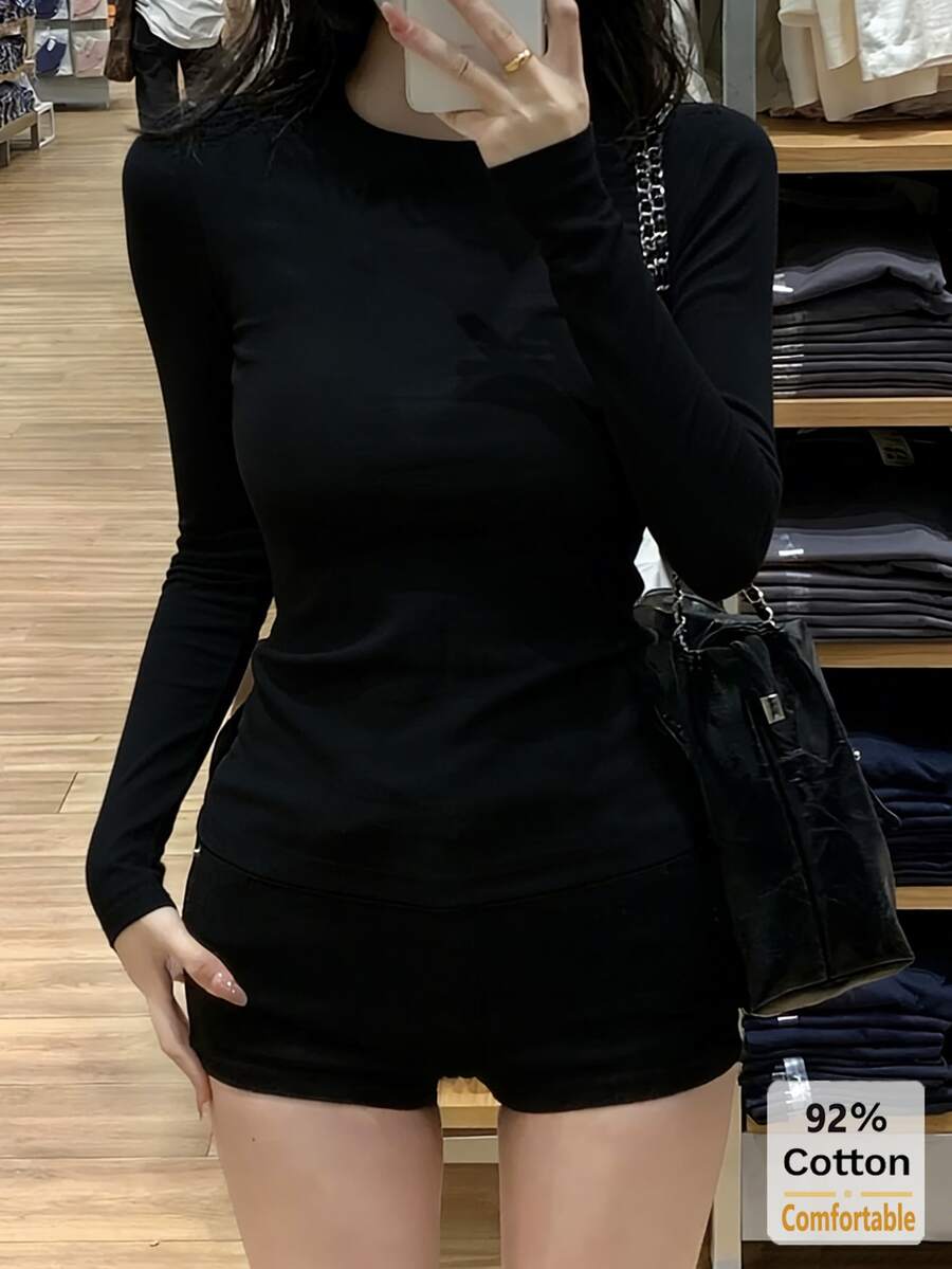女款秋季純棉長袖T恤,黑色百搭上衣,修身純色內搭底層 - 黑色 - 查看 1