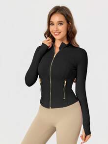 Women's Solid Color BBL Zip Up Sports Jacket With Pockets Gold Zipper High Stretch Lightweight Yoga Tennis Gym Workout Outerwear Workout Clothes Pickleball Clothes - 黑色/金色 - 查看 3