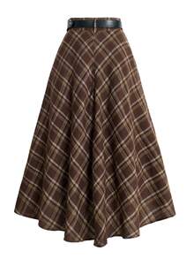 女士格子半身裙，休闲优雅设计，涤纶面料，配腰带，适合办公室、度假、约会、旅行、机场等各种场合，四季皆宜，春季穿着。 - 棕色 - 查看 2