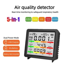 5-In-1 Portable Air Quality Monitor, USB/Battery Powered (Batteries Not Included) - Detects CO2/CO/TVOC/Temperature/Humidity, Suitable For Home/Car/Office - Black - View 2