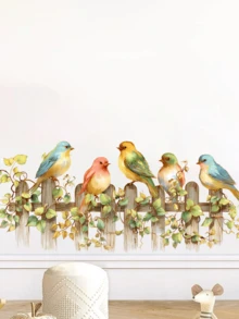 1pc Cute Cartoon Bird, Fence, Tree Leaves Wall Sticker, Removable Matte Self-Adhesive Wall Decal For Bedroom, Living Room, Home Decor, Spring Decoration, Gift For Birthday, Graduation - Multicolor - View 4