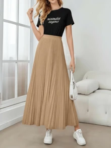 女士纯色百褶休闲通勤半身裙 春季 - 卡其色 - 查看 5