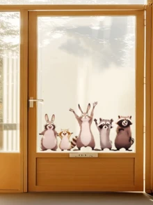 1pc Cartoon Animal Glass Sticker, Cute Rabbit & Raccoon Window & Door Decor Sticker, Children's Room Window Sticker, Self-Adhesive & Removable - Multicolor - View 3