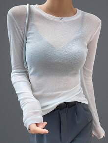 2025 Spring/Autumn Women Crew Neck Undershirt, Fashionable Long Sleeve Sheer Mesh See-Through Thin Tee Blouse - White - View 2