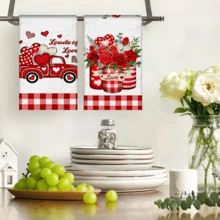 2/4/48片装厨房抹布，情人节爱心玫瑰卡车图案涤纶抹布，柔软吸水，适合日常厨房清洁，也可作为婚礼或节日装饰，增添浪漫氛围，厨房装饰毛巾，情人节，婚礼装饰 - 彩色 - 查看 3