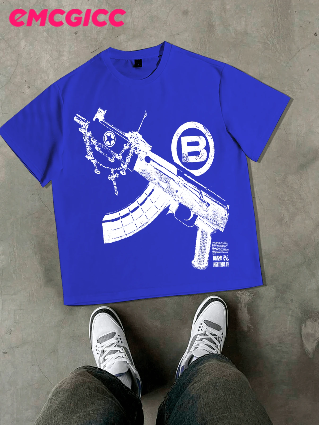 EMCGICC Street Life Men's Y2k Style (220 Pure Cotton T-Shirt) Retro Graphic Funny Printing,Hip Hop ,Men's Summer Tops Round Neck Short Sleeve Casual T-Shirt, Summer Street Sports Life Men's - Màu xanh lam - Xem 1
