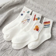 5/10 Pairs Women's Socks, Breathable & Comfortable, Sweet Style Mid-Rise Design, Fashionable Ruffle Trim, Graffiti Pattern, Japanese Knee-High Autumn/Winter Socks - Multicolor - View 6