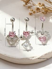 3pcs Women's Sexy Luxury Heart-Shaped Navel Rings, Suitable For Daily Wear, Party, Beach Vacation Outfits