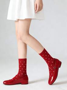 1/4 Pair Versatile Red Striped & Polka Dot Mid-Calf Socks, Autumn/Winter - Multicolor - View 1