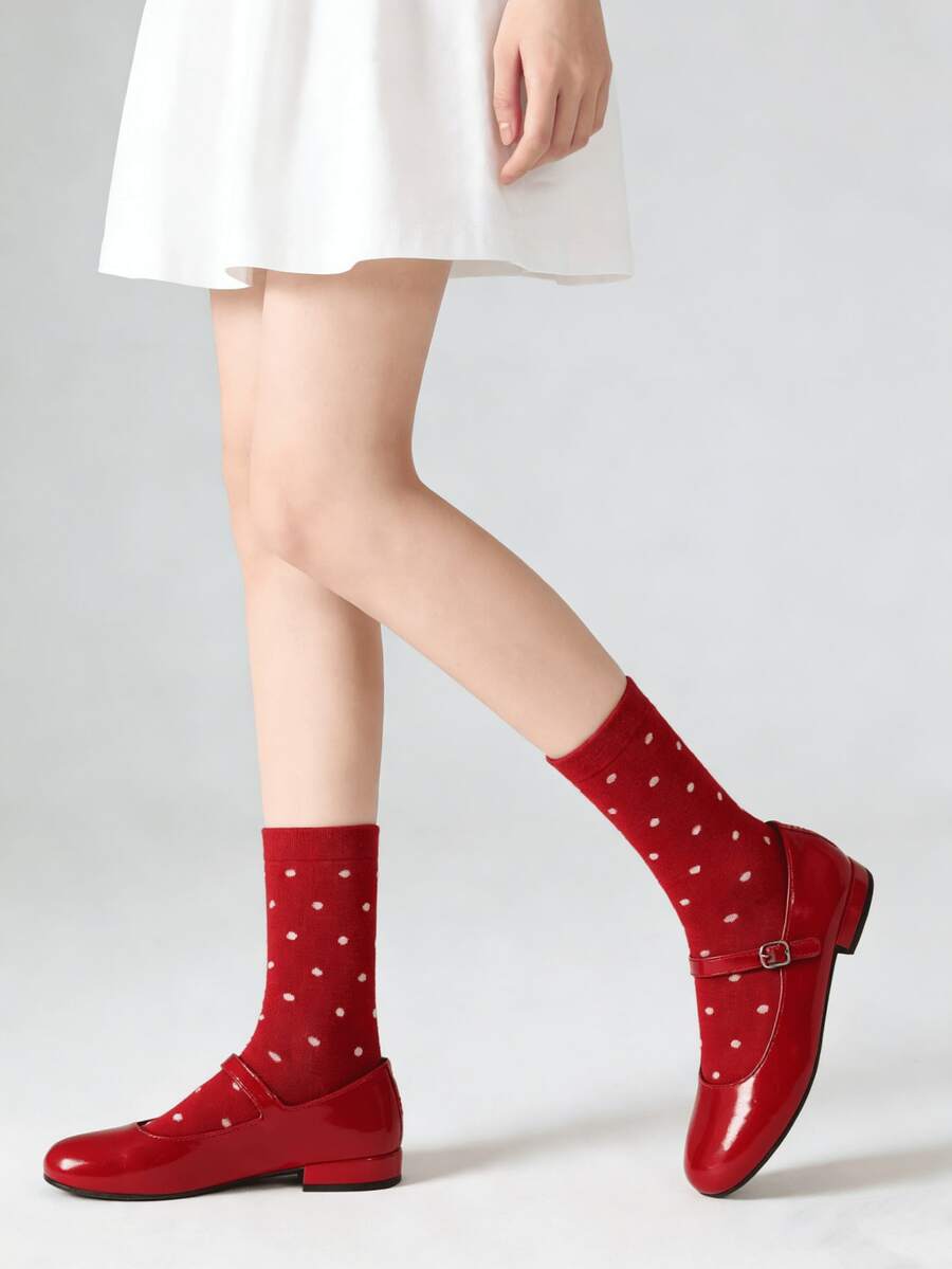 1/4 Pair Versatile Red Striped & Polka Dot Mid-Calf Socks, Autumn/Winter - Multicolor - View 1