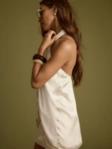 Women's Halter Tank Top Sleeveless Open Back Ruffle Slit Front Silk Satin Shirt Camisole For Party Cocktail - 米色 - 查看 8