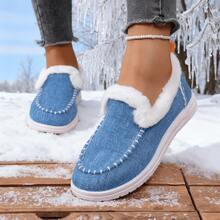 Fall/Winter 2025 Plush Slip-On Loafers Women Fuzzy Warm Slouchy Shoes Low-Top Snow Boots, Wear With Sweater - Màu xanh nhạt - Xem 12