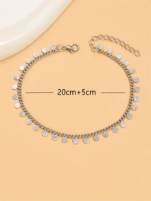 1pc Minimalist Versatile Round Disc Pendant Metal Chain Anklet For Women (Random Disc Quantity) - Silver - View 3