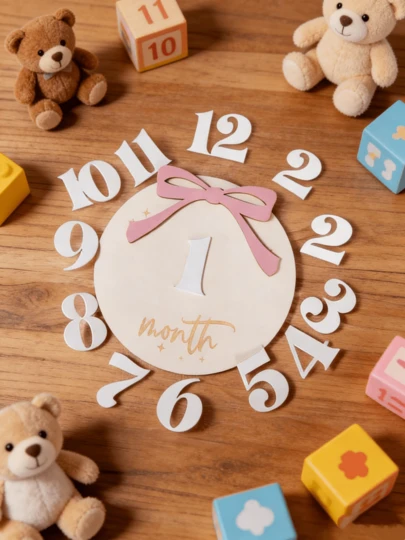 一套婴儿洗礼摄影道具（0-12个月），包括木制新生儿每月里程碑卡片、新生儿每月里程碑牌匾、婴儿出生摄影道具和木制工艺每月里程碑卡片。