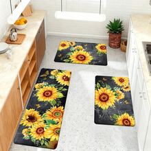 1/2/3 piezas Alfombras de cocina con diseño de girasol y mariposa, fondo negro con diseño floral, base antideslizante, adecuado para cocina, sala de estar, dormitorio, baño, decoración del hogar de primavera/verano - Multicolor - Ver 15