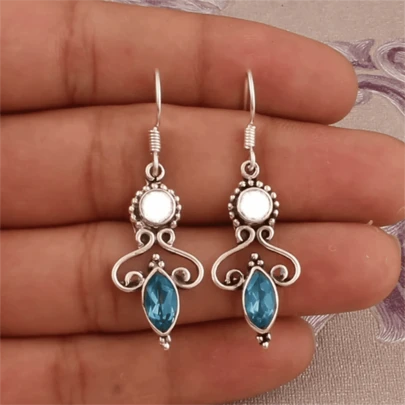 1 Pair Bohemian Vintage Palace Style Flower Inlaid Faux Gem Pendant Earrings, Fashion Jewelry Gift For Women, Wedding & Party