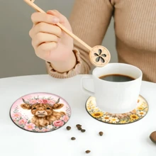 6pcs Cute Highland Cow Pattern Coaster Set, Home Decor Absorbent Silicone Coasters For Tea Cup, Water Glass, Wine Glass, Coffee Mug, Suitable For Home, Party, Kitchen Accessories, All Season Decoration - Multicolor - View 6