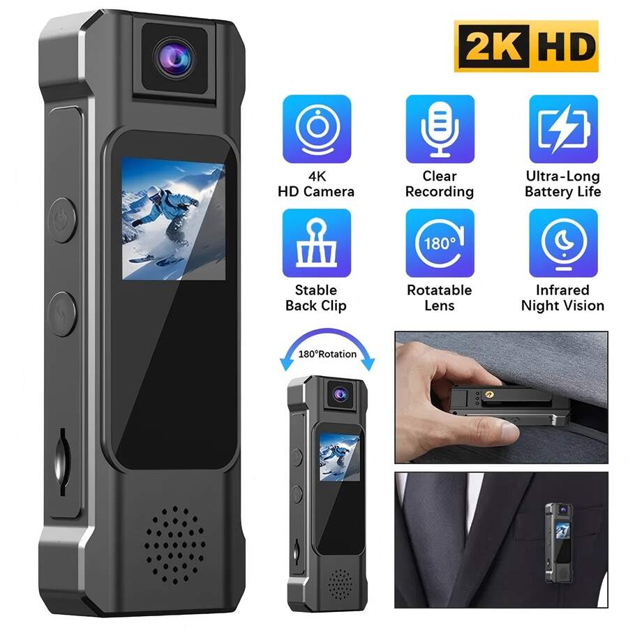Cámara mini portátil HD 2K Bodycam Grabadora de video digital con infrarrojos, mini cámara para vlogging, cámara corporal grabadora de video portátil, lente de ángulo amplio de 180° giratoria para bicicleta, mascotas, vlogging, reuniones y grabadora de bolsillo - Multicolor - Ver 1