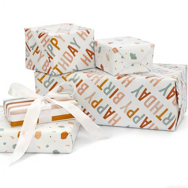 5 Pcs Beautiful Happy Birthday Wrapping Paper, 42*28.5cm Quality Happy Birthday Paper Rolls For Medium Sized Gifts - Add A Touch Of Magic To Every Gift You Wrap(Letter/Striped/Polka Dot Available)