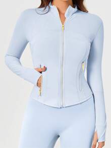 Women's Solid Color BBL Zip Up Sports Jacket With Pockets Gold Zipper High Stretch Lightweight Yoga Tennis Gym Workout Outerwear Workout Clothes Pickleball Clothes - Starch Blue/Gold - 查看 3