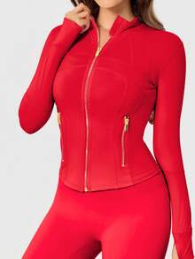 Women's Solid Color BBL Zip Up Sports Jacket With Pockets Gold Zipper High Stretch Lightweight Yoga Tennis Gym Workout Outerwear Workout Clothes Pickleball Clothes - New Year Red/Gold - 查看 4