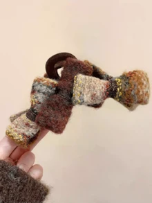 1个复古蝴蝶结针织发夹，优雅发爪，适合盘发造型的女士发饰，冬季发饰，女士发爪夹 - 棕色 - 查看 5