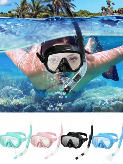 2件套成人浮潜面罩套装，钢化玻璃面罩配PVC咬嘴，防雾泳镜带鼻罩，适合浮潜、自由潜水和游泳。浮潜套装，成人浮潜装备，防雾全脸浮潜面罩带顶部阀门和半干式呼吸管，适合潜水、游泳和旅行。颜色和款式随机。