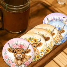 6pcs Cute Highland Cow Pattern Coaster Set, Home Decor Absorbent Silicone Coasters For Tea Cup, Water Glass, Wine Glass, Coffee Mug, Suitable For Home, Party, Kitchen Accessories, All Season Decoration - Multicolor - View 3