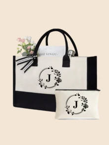 1件/1套花环字母A-Z图案帆布女士手提包，带化妆收纳袋、个性化礼品袋、便携休闲收纳手提包、多功能购物袋，新款设计，大容量 - 黑與白 - 查看 6