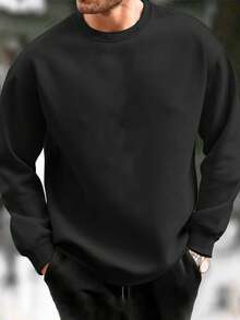 Sudadera holgada de manga larga con cuello redondo y unicolor para hombres de talla grande - Negro - Ver 7