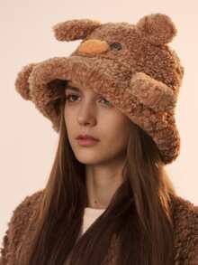 1pc Women's Cute Cartoon Ear Button Fluffy Bucket Hat, Fashionable Personalized Funny Bucket Hat With Wide Brim, Suitable For Various Occasions Like Party, Camping, Dining With Friends, Sun Protection, Windproof And Warm In Spring And Autumn - A - View 3