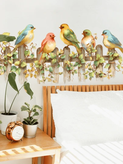 1pc Cute Cartoon Bird, Fence, Tree Leaves Wall Sticker, Removable Matte Self-Adhesive Wall Decal For Bedroom, Living Room, Home Decor, Spring Decoration, Gift For Birthday, Graduation