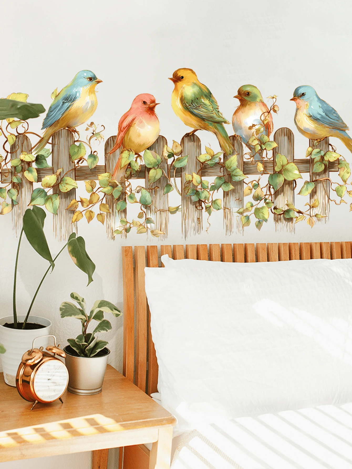 1pc Cute Cartoon Bird, Fence, Tree Leaves Wall Sticker, Removable Matte Self-Adhesive Wall Decal For Bedroom, Living Room, Home Decor, Spring Decoration, Gift For Birthday, Graduation - Multicolor - View 1