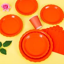 橙色花瓣形一次性餐盘、餐巾纸、纸杯 - 25人派对用品套装，一次性纸盘，适用于生日、婚礼、主题派对、家庭野餐 - 彩色 - 查看 4