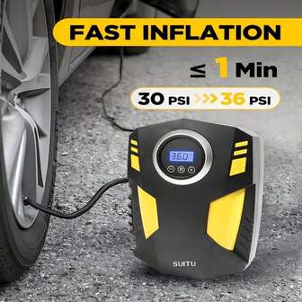 SUITU Digital däcktrycksmätare för luftkompressor - svart och gul, tvåfärgad design | Cykeldäckpump | Digital display | 12V DC bildäckspump | Förinställt däcktryck och automatisk avstängning | Belysningsfunktion | Universell typ | Batteri ingår ej (Obs: Denna produkt kräver anslutning till fordonets strömförsörjning för att fungera)