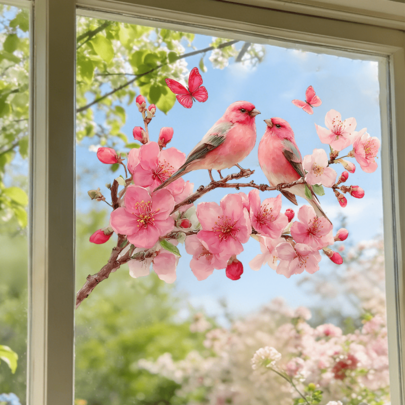 1/2 pièces Autocollants de fenêtre de branche d'arbre de printemps et colibri, décalcomanies statiques d'oiseau réutilisables à double face en PVC, convient pour la chambre, la cuisine, le bureau, la salle de bain et la décoration de la maison