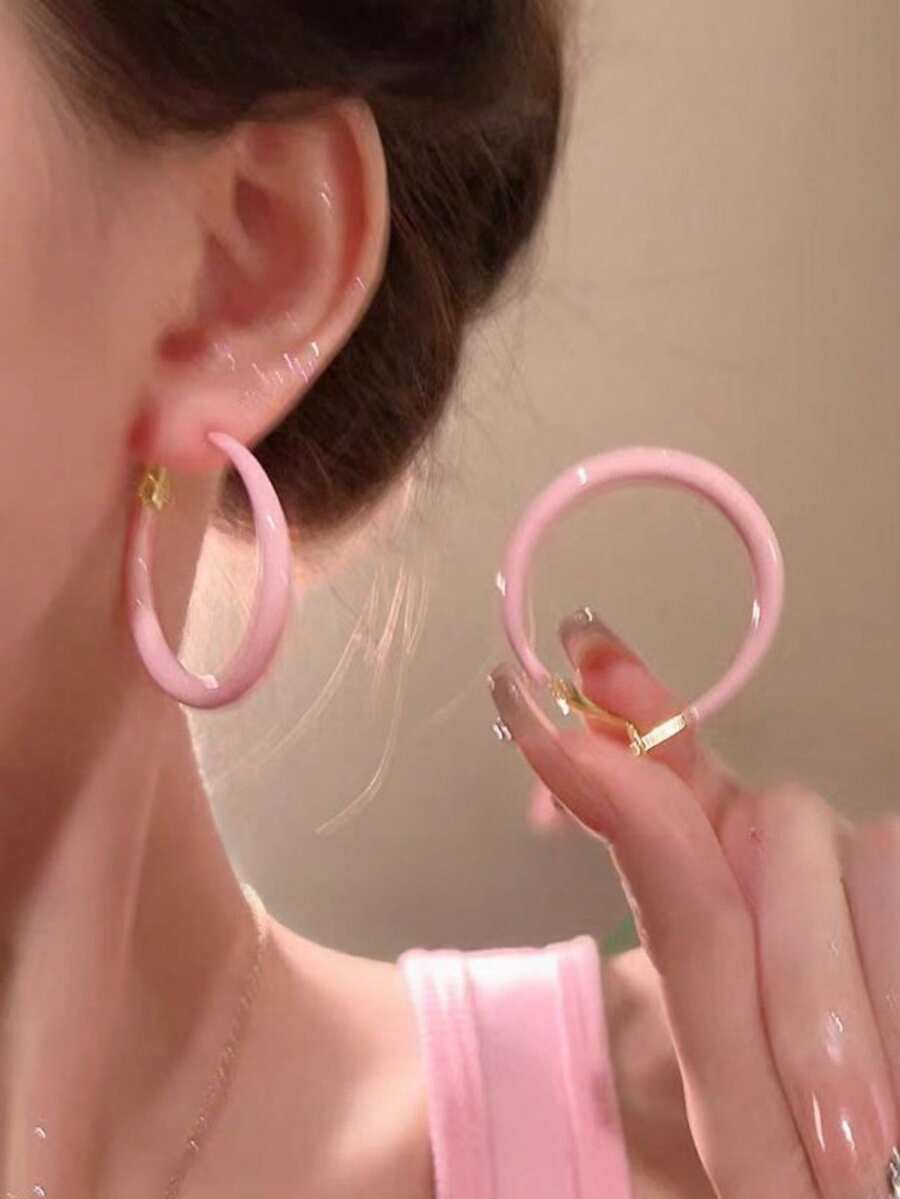 1 Pair Retro Elegant Versatile Pink Drip Glaze Plain Hoop Earrings, Niche High-End Fashion Design Earrings For Women - Pink - View 1