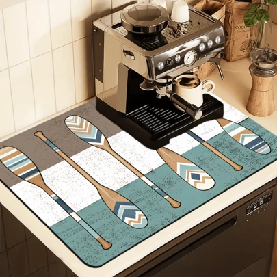 1/10件装经典现代风格船桨图案沥水垫，涤纶防滑厨房水槽垫，适用于咖啡台、吧台、厨房台面，家居装饰，春节礼物，咖啡机垫，沥水垫，咖啡机垫，家居装饰，现代风格装饰