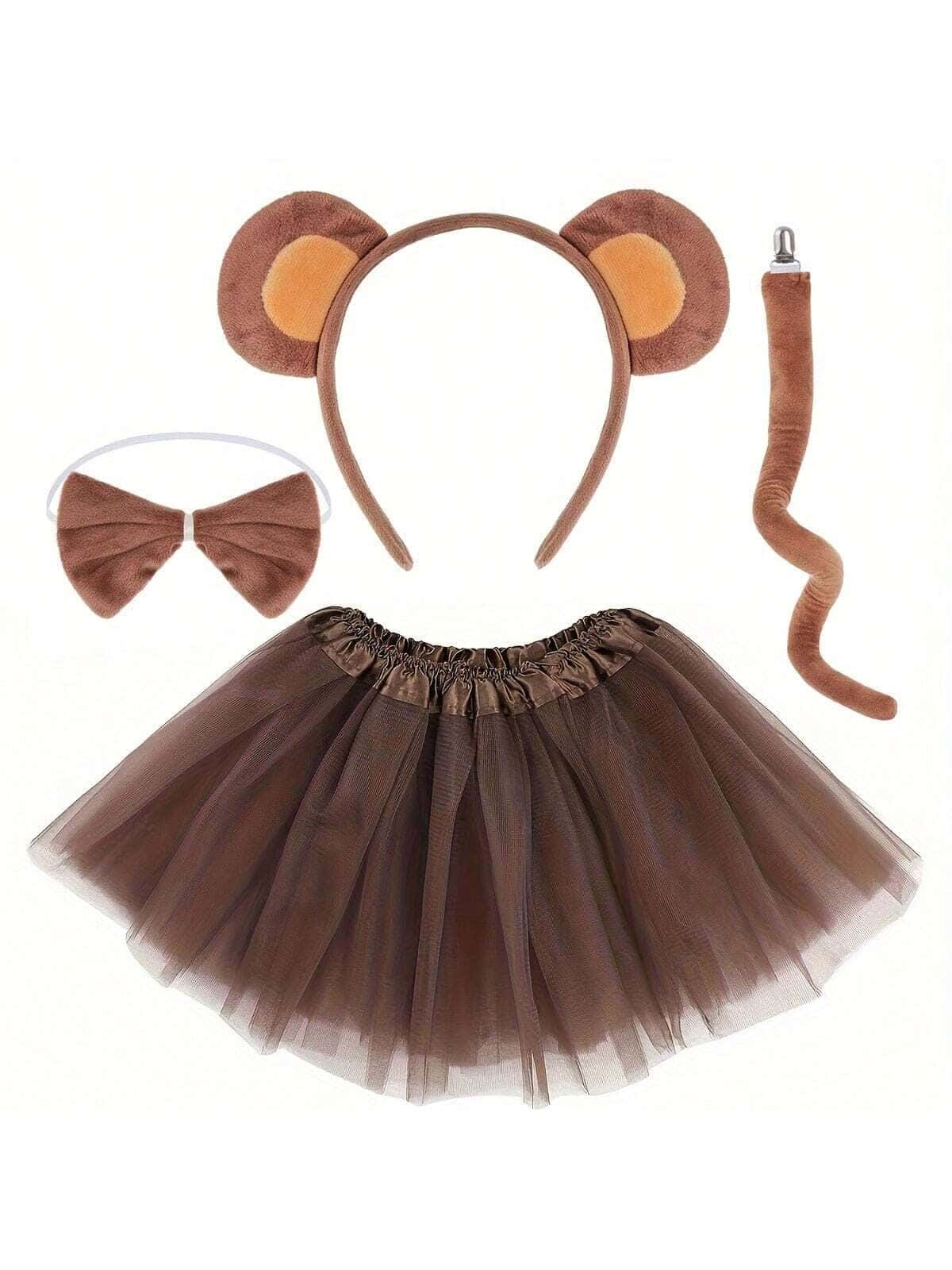 4pcs Cartoon Monkey Costume Accessories Set (Headband + Bow Tie + Tail + Tutu Skirt), Festival Headdress With Bow Tie Decor, Non-Electric, No Feathers, Polyester Fiber, Perfect For Festival Parties, Birthdays And Weddings - Multicolor - View 1