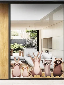 1pc Cartoon Animal Glass Sticker, Cute Rabbit & Raccoon Window & Door Decor Sticker, Children's Room Window Sticker, Self-Adhesive & Removable - Multicolor - View 5