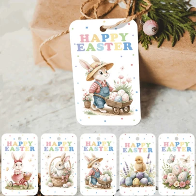 50pcs Cartoon Bunny & Egg Happy Easter Gift Tags With Hemp Rope, Colorful Spring Floral & Rabbit Holiday Hanging Labels For Gift Wrapping, Presents, Candy Bag & Party Favor Decorations