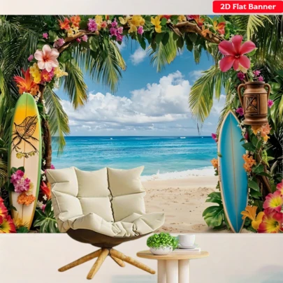 1pc 2D Flat Hawaiian Surfboard Beach Arch Backdrop Banner - Reusable Polyester Fabric For Indoor/Outdoor Hawaiian Party, Birthday, Wedding, Summer Decor - Hawaiian Luau Party Photo Wall Background, Multiple Sizes Available