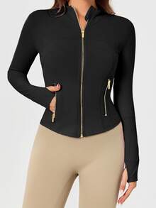 Women's Solid Color BBL Zip Up Sports Jacket With Pockets Gold Zipper High Stretch Lightweight Yoga Tennis Gym Workout Outerwear Workout Clothes Pickleball Clothes - 黑色/金色 - 查看 4