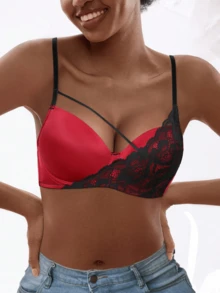 Women's Wine Red And Black Lace Bra - Sexy Glossy Lace Patchwork, Lift And Supportive Design, Comfortable And Breathable, Suitable For Daily Wear And Party Occasions - Burgundy - View 7