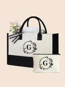 1件/1套花环字母A-Z图案帆布女士手提包，带化妆收纳袋、个性化礼品袋、便携休闲收纳手提包、多功能购物袋，新款设计，大容量 - 黑與白 - 查看 34