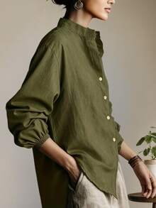 Women's Linen Solid Color Loose 3/4 Sleeve Shirt, Casual Minimalist Vacation Elegant Retro Commute Daily Versatile Collared Long Sleeve Blouse, Suitable For Spring, Summer, Autumn, Winter, Holidays, Christmas, Halloween, Back To School, Graduation, Teacher's Day, Mother's Day, Outings - Army Green - View 6